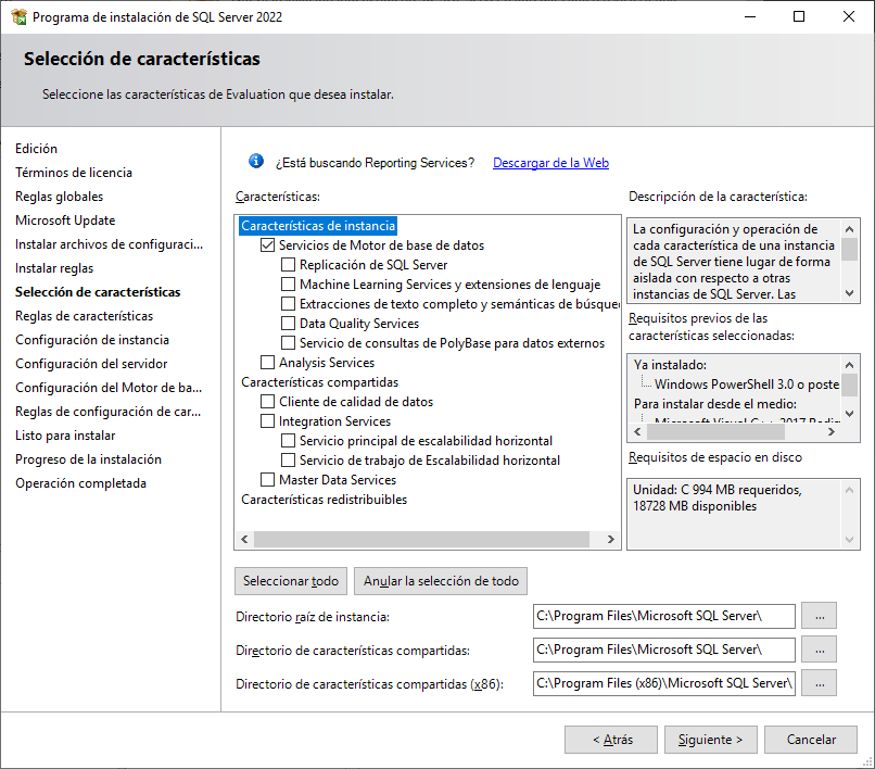 Seleccionar características de SQL Server 2022