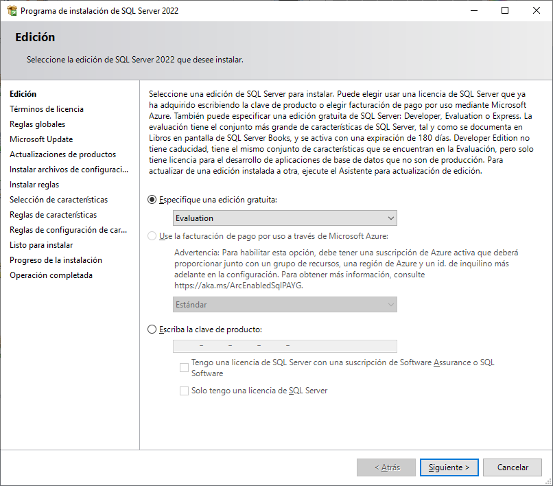 Seleccionar edición de SQL Server 2022