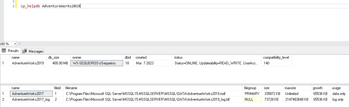 Comando SP_HELPDB para ver información de la ubicación de los archivos de base de datos de SQL Server