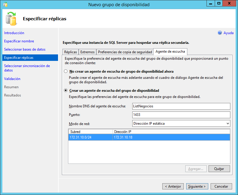 Especificar agente de escucha para el grupo de disponibilidad AlwaysOn SQL Server
