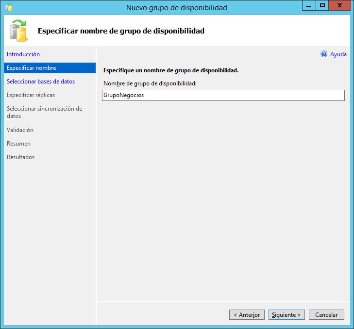 Especificar nuevo grupo de disponibilidad AlwaysOn SQL Server
