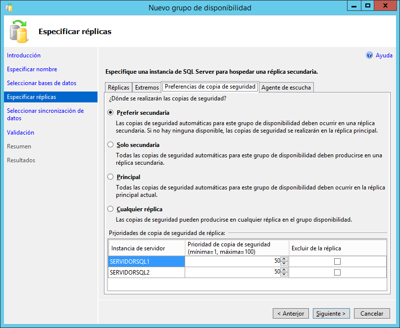 Especificar copia de seguridad para el grupo de disponibilidad AlwaysOn SQL Server