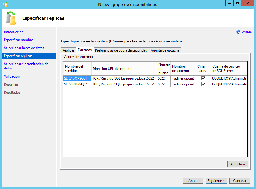 Especificar extremos para el grupo de disponibilidad AlwaysOn SQL Server