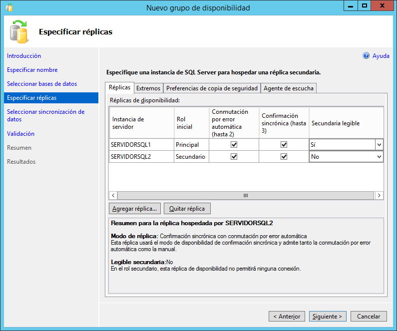Especificar réplicas para el grupo de disponibilidad AlwaysOn SQL Server