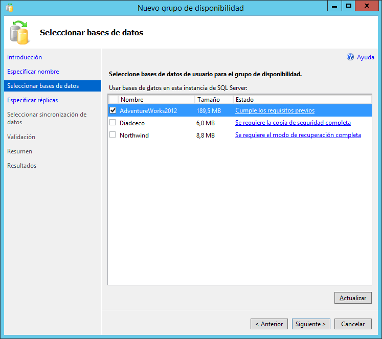 Seleccionar base de datos para el grupo de disponibilidad AlwaysOn SQL Server