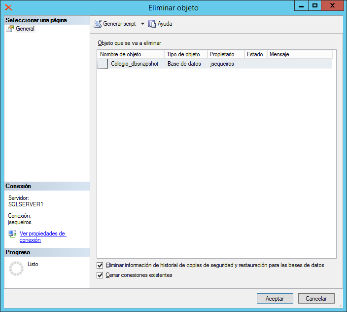 Eliminar instantáneas de la base de datos en SQL Server 2012