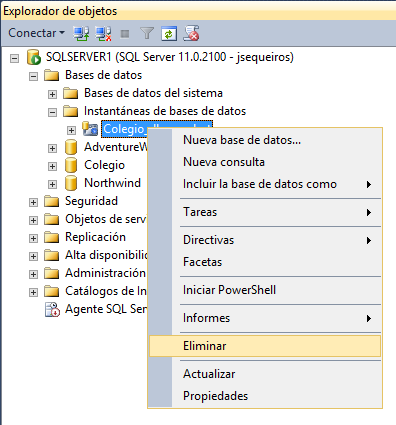 Eliminar por SSMS instantáneas de la base de datos en SQL Server 2012
