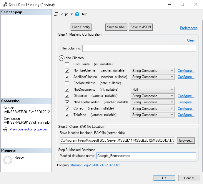 Ubicación de la base de datos, nombre de la basede de datos, enmascaramiento de datos en SQL Server