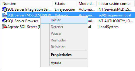 Iniciar servicio SQL Server 2012
