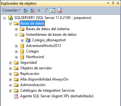 Ver instantáneas de la base de datos en SQL Server 2012