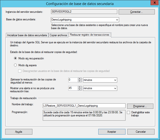 Configuración de base de datos secundaria de registro de transacciones SQL Server
