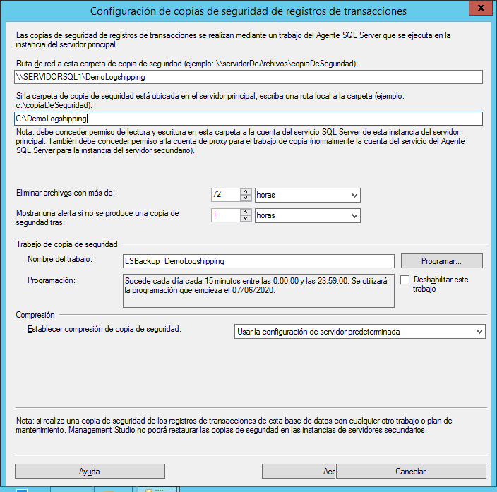 Configuración de copias de seguridad del registro de transacciones SQL Server Log Shipping