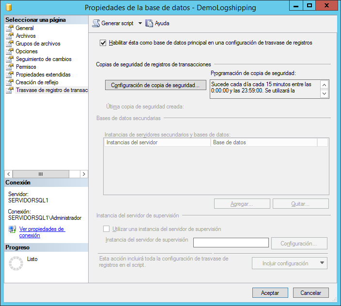 Propiedades de la base de datos Log Shipping SQL Server