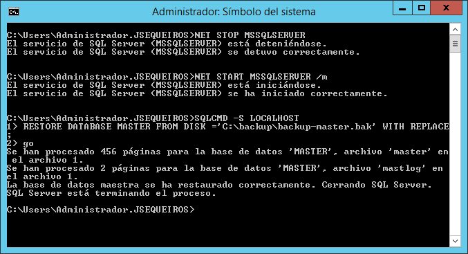 Restaurar base de datos MASTER en SQL Server 2012