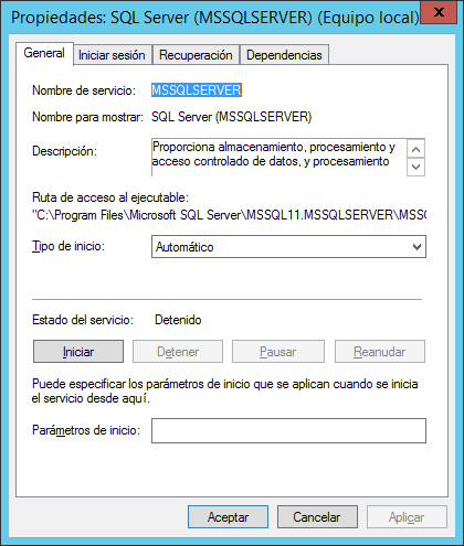 No se puede iniciar el servicio de SQL Server, al reiniciar el servidor
