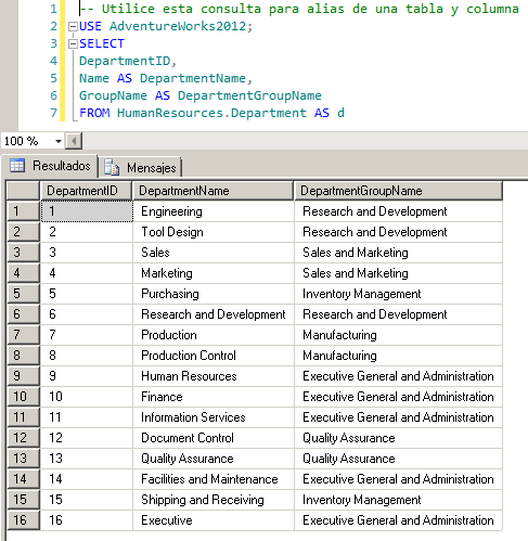 Alias ​​de una tabla y columna en SQL Server