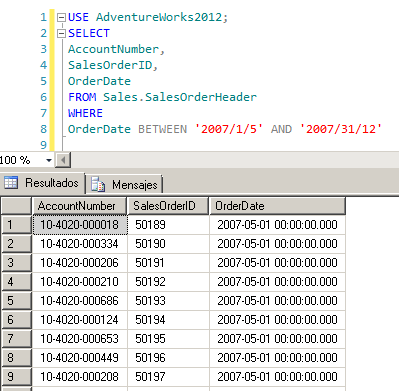 Uso del operador BETWEEN en SQL Server