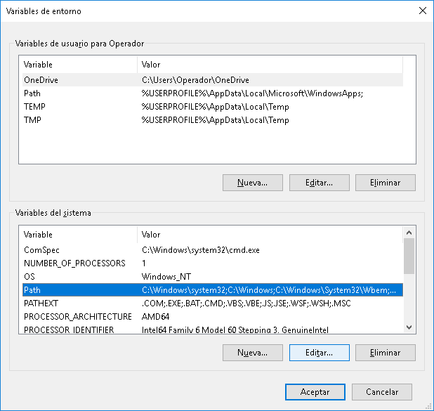 Ventana de variables de entorno