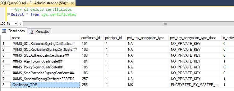 Ver si existe certificados SQL Server TDE