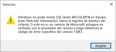Imagen: Windows no pudo iniciar SQL server en el equipo local
