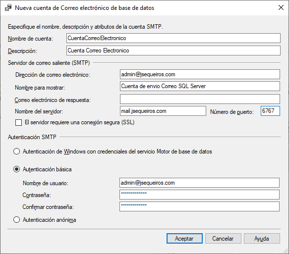 Nueva Cuenta de Correo electrónico de base de datos