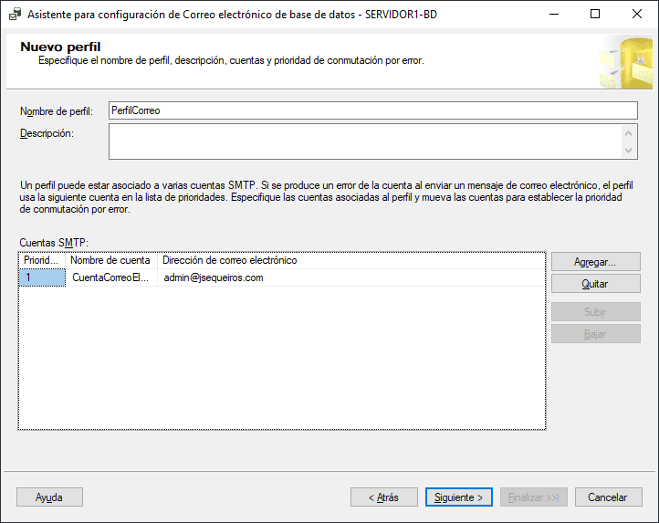 Nuevo perfil de correo electronico de base de datos en SQL Server insertado