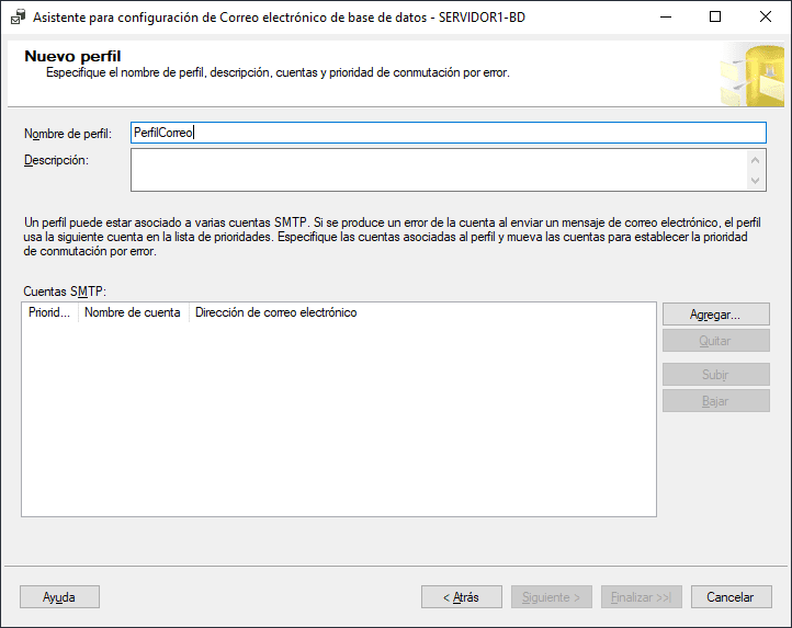 Nuevo perfil de correo electronico de base de datos en SQL Server