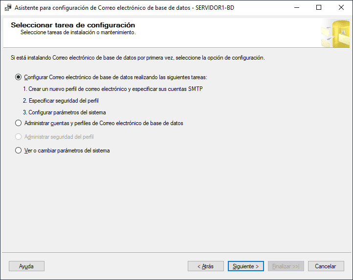 Seleccionar tarea de configuración Configuración de Correo electronico de base de datos 