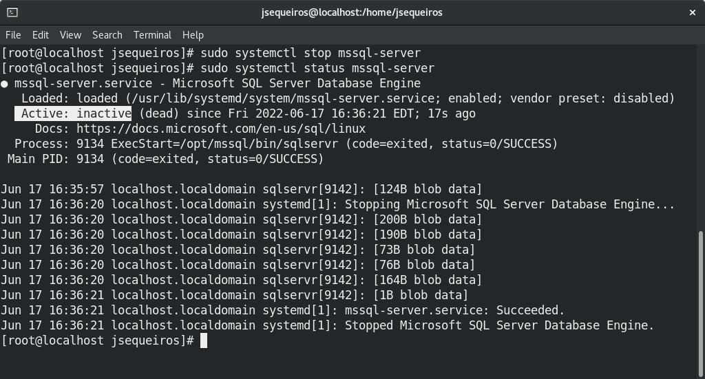 Detener el servicio de SQL Server en Linux Red Hat