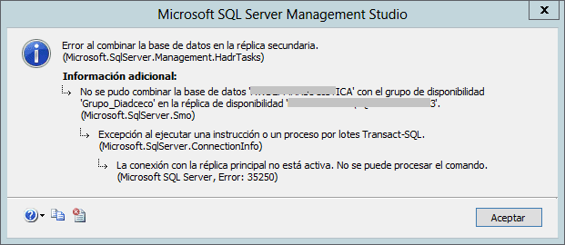 Imagen del Error 35250 de SQL Server, Error al combinar la base de datos en la réplica secundaria. AlwaysOn