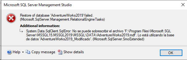 No se puede sobrescribir el archivo MDF