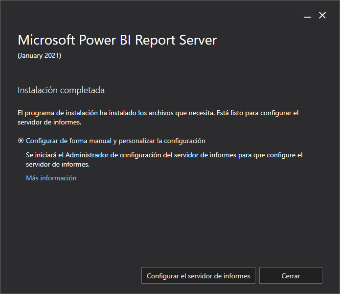 Instalación de Power BI Report Server finalizado exitosamente