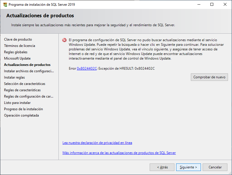 Actualización de productos de SQL Server