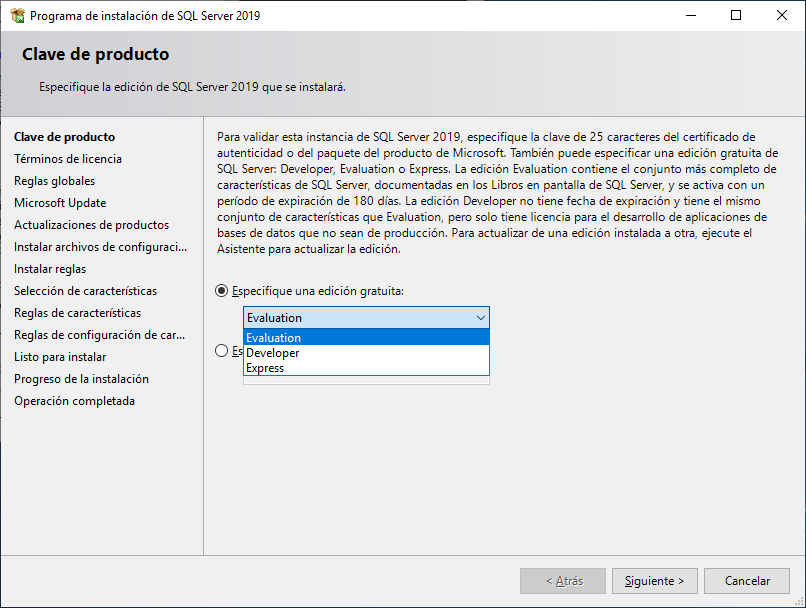 Colocar clave del producto de SQL Server
