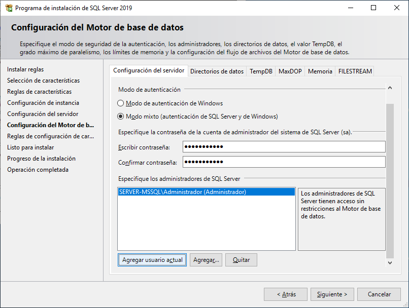 Configuración del motor de base de datos de SQL Server