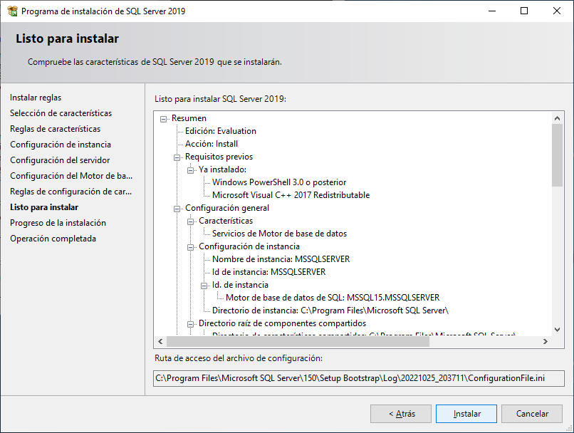 Listo para instalar SQL Server