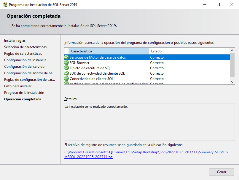 Operación completada de instalación de SQL Server