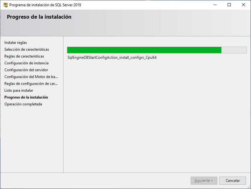 Progreso de la instalación de SQL Server