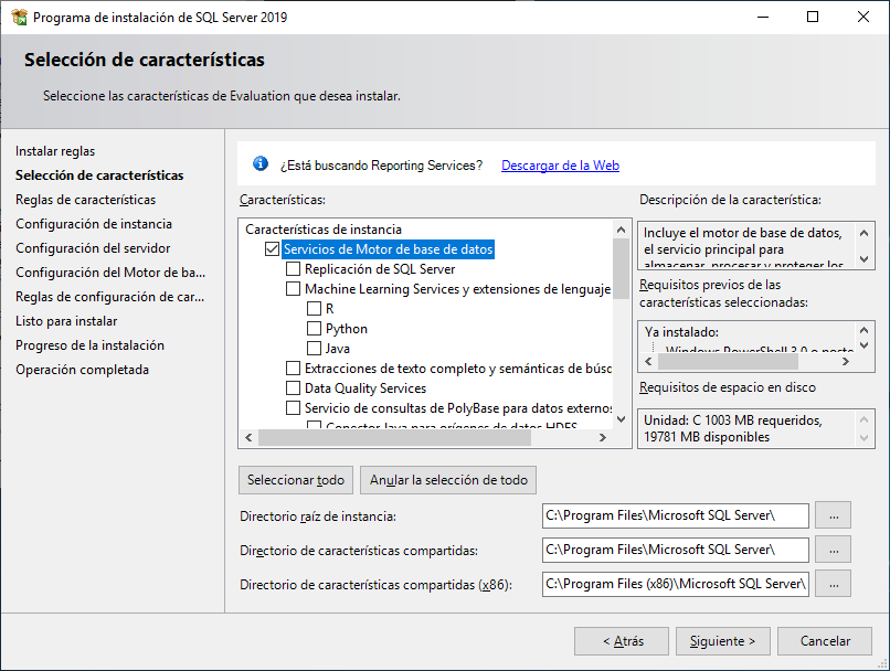 Selección de características de SQL Server