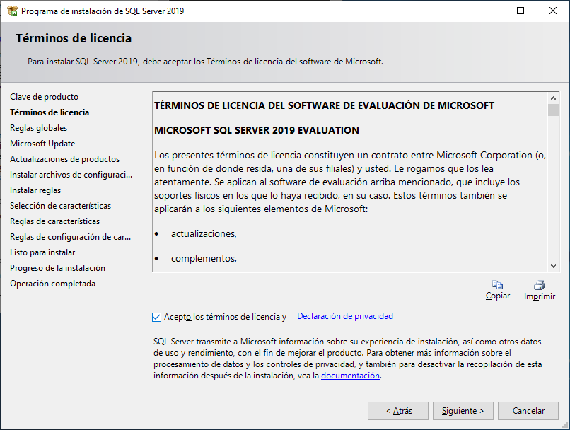 Aceptar los términos de licencia de SQL Server