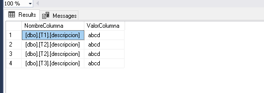 Resultados de búsqueda de valores en todas las tablas y columnas de una base de datos en SQL Server