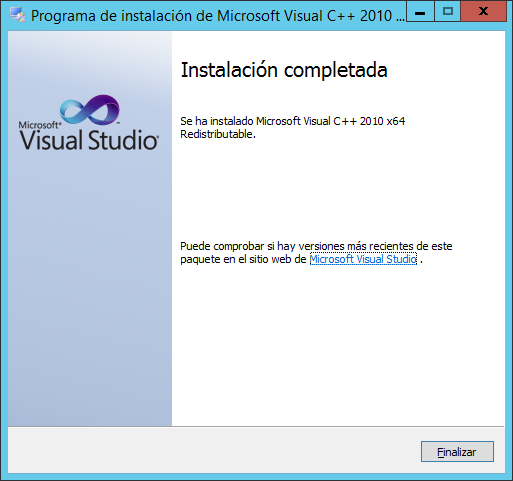 Instalación finalizada de Microsoft Visual C++ 2010 SP1 Redistributable Package (x64)