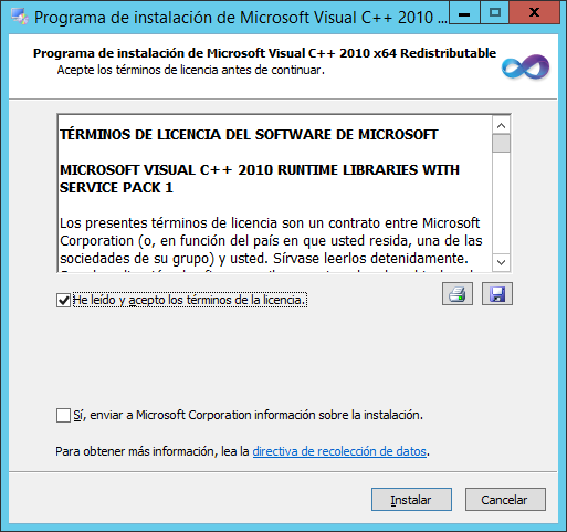 Instalación de Microsoft Visual C++ 2010 SP1 Redistributable Package (x64)