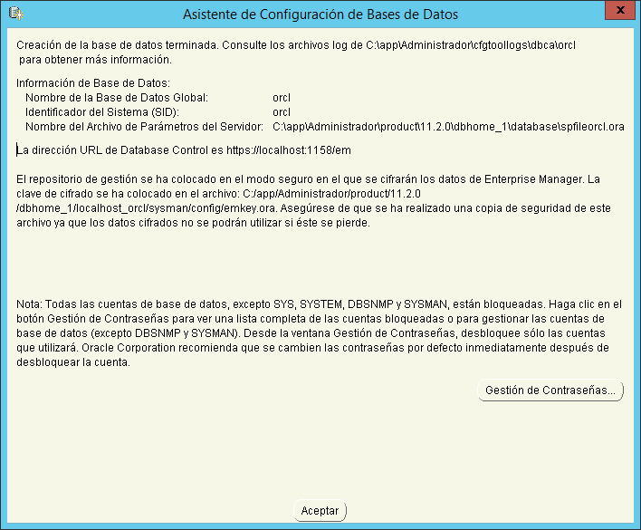 Asistente de configuración de base de datos finalizado