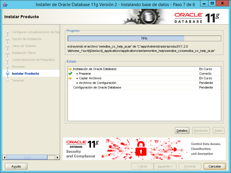 Progreso de la instalación de Oracle 11g