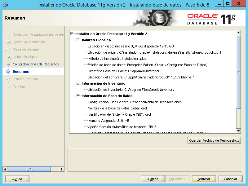 Resumen de la instalación