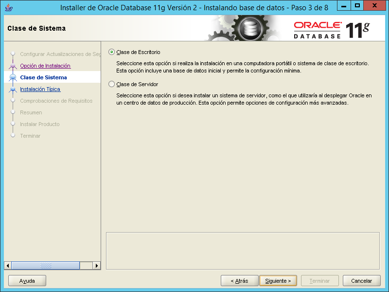 Seleccionar clase de sistema Oracle 11G