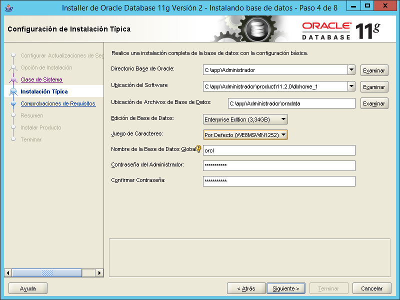 Seleccionar instalacion típica oracle 11G