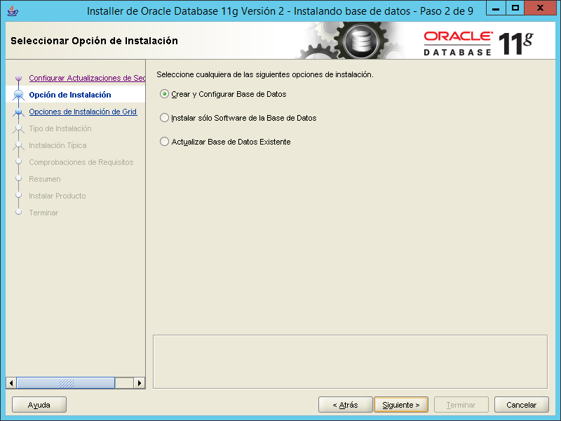 Seleccionar opción de instlación de Oracle 11g
