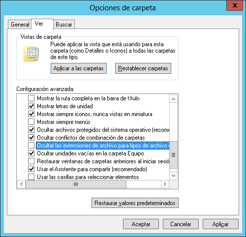 Ocultar extensiones de archivo en windows